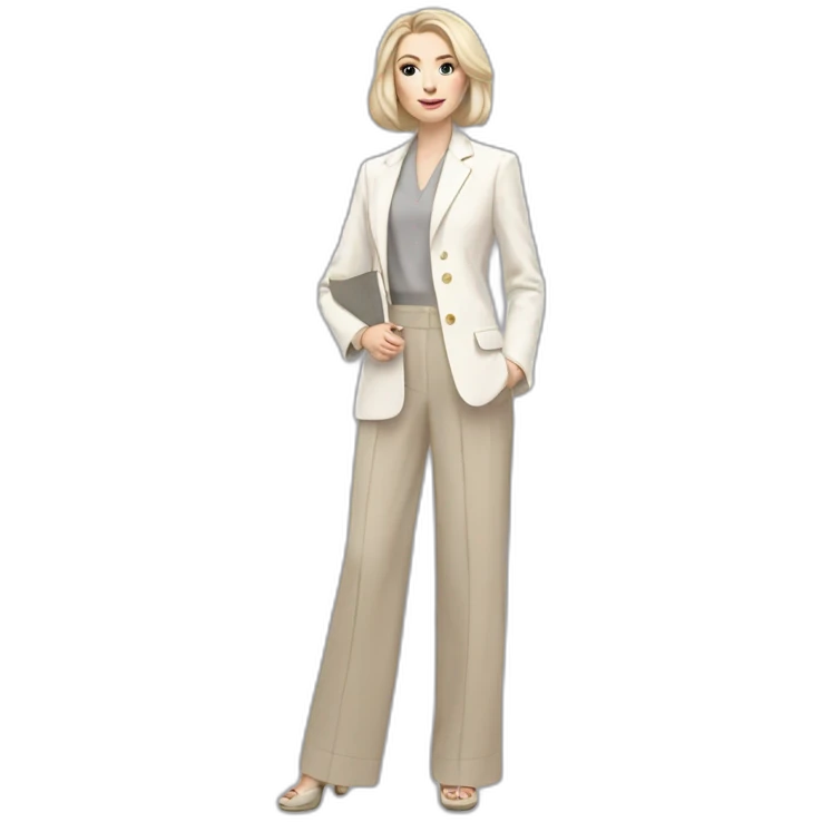 pale skin woman with ash blonde Straightened bob Hair, White Spacious classical jacket, beige palazzo Arrow pants and gray blouse holding a color palette in the hands emoji