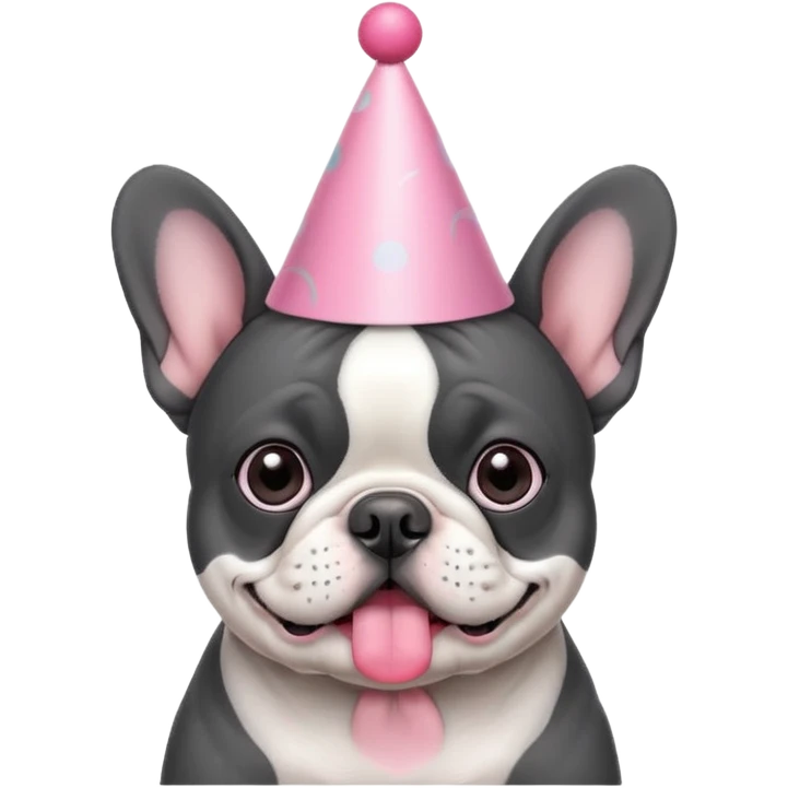 french bulldog with a birthday hat and black and white and grey coloring. please make it emoji style please. also please make the dog have a pink hat emoji