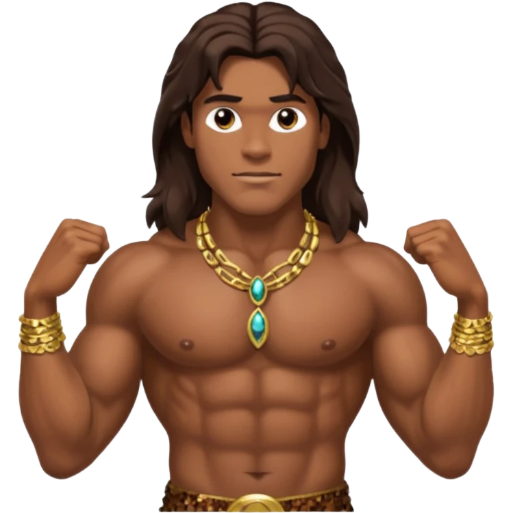 Tarzan with long dark brown hair, brown sequin loincloth, shirtless with necklace emoji