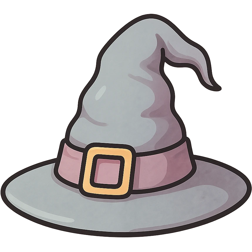 atmospheric witch hat, beautiful, crooked, volumetric, detailed shadows and highlights, textured, thin clean contours, soft rounded shapes, pastel palette #98B5BC, #B5B3C1, #C9A3C9, #E4C0CA, #F7DCD1, #F7C0AA, modern Japanese pop art and sticker aesthetic, soft lighting, transparent background emoji