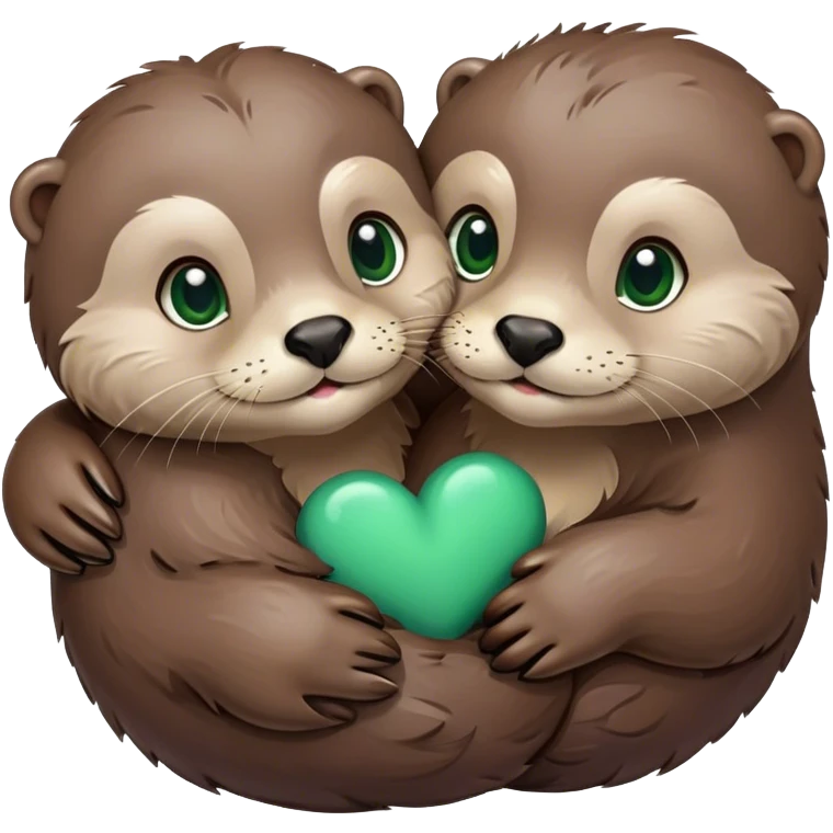 Otter with green eyes and an otter with brown eyes hugging with a heart  emoji