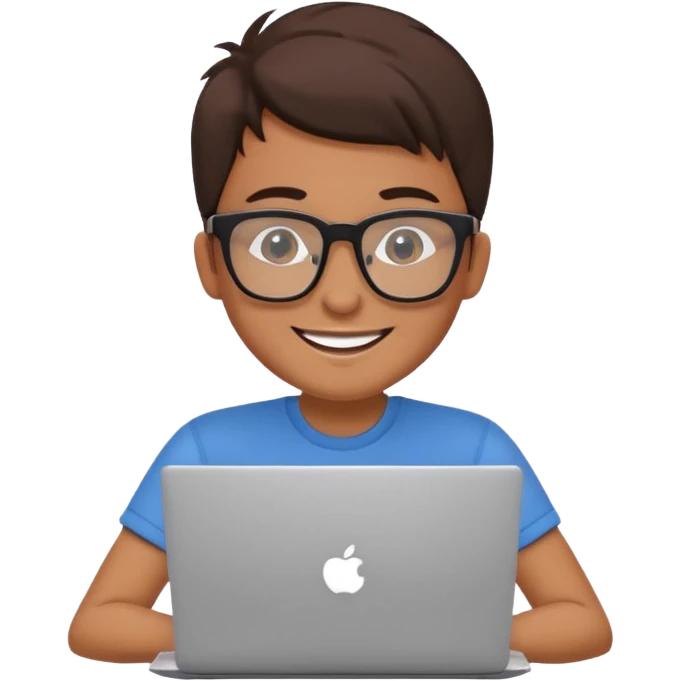 designer with tan skin and square glasses using a laptop, cheerful expression emoji