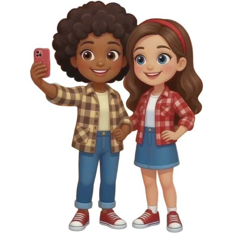 A black girl and spanish girl taking a selfie together in front of a cabin in the woods while wearing flannel emoji
