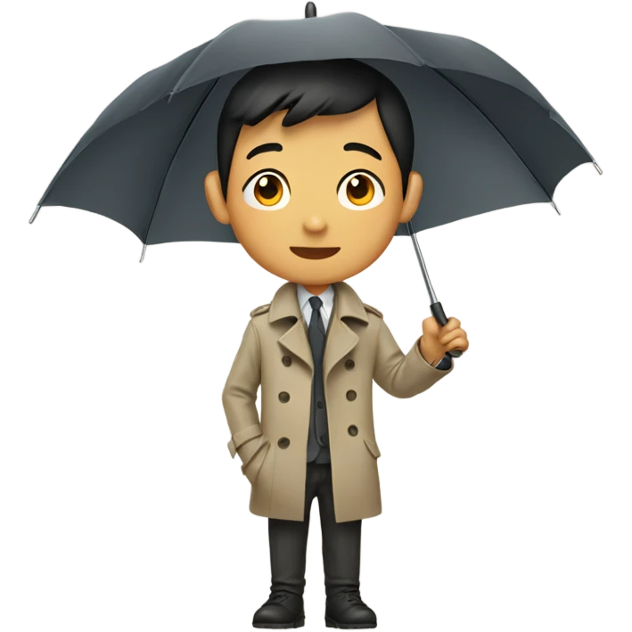 Asian boy wearing a trench coat holding umbrella emoji