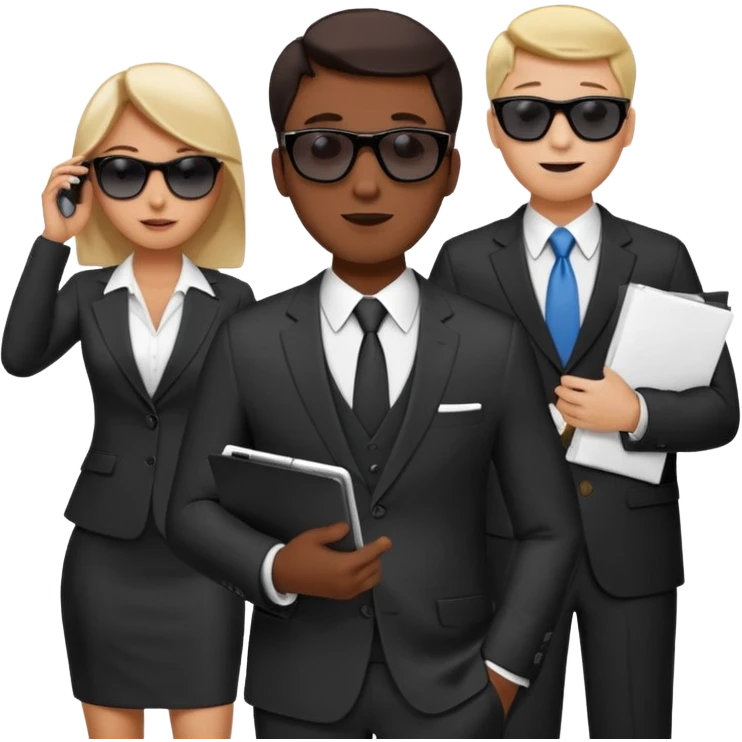 Команда в деловых костюмах из трёх человек. на переднем палне Мужчина впереди общается по смартфону, дальше женщина слева стоит с ноубуком, мужчина справа держит бумаги. У всех людей разные, но позитивные эмоции. Все троя в солнцезащитных очках emoji