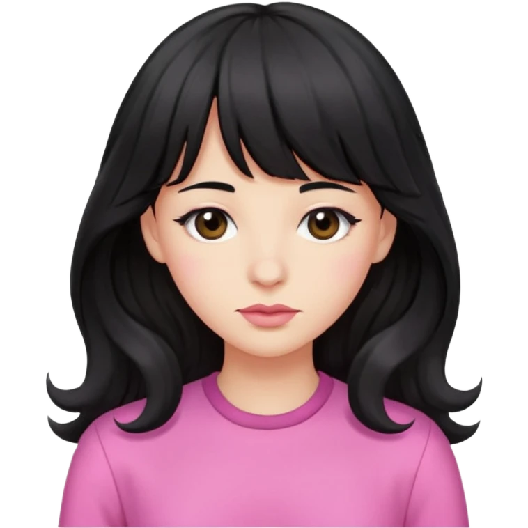 wavy long black hair with bangs, small lips, downturned black eyes, small large nose, pink clothes  emoji