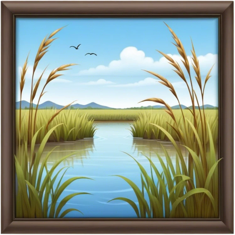 Cinematic Realistic Wetlands Emoji in a wooden frame, Peaceful and serene, with tall grasses swaying in the breeze and soft, muddy waters reflecting the sky above. Small birds and insects flit among the reeds while lily pads float lazily across the surface, punctuated by the occasional croak of a frog or splash of a fish. Soft glowing outline, capturing the essence of a calm, tranquil wetland brimming with life and natural beauty. emoji