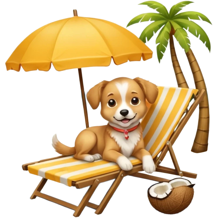 a dog laied on a beach chair, a sunny beach, a sun umbrella, and beach coconut trees. the icon should capture the essence of a relaxing beach vacation with a carefree atmosphere emoji