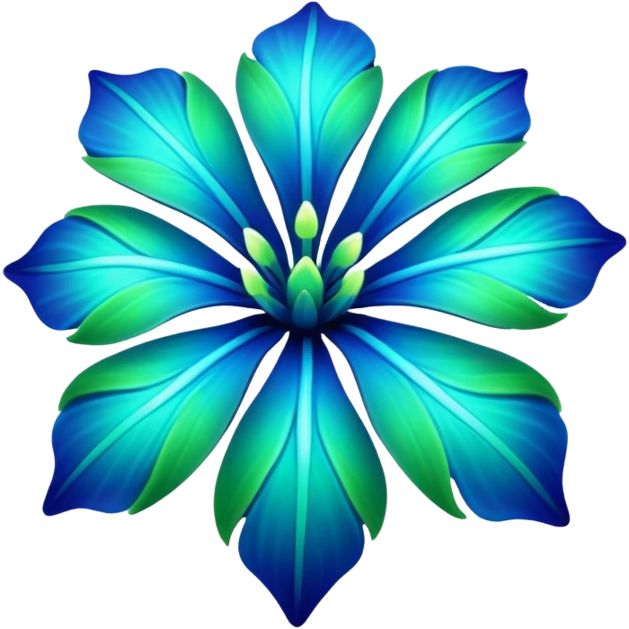 3D render of Avatar-style Flower, bioluminescent deep sea style, glowing neon blue and green lights, dark background to contrast the glow, translucent organic textures. emoji