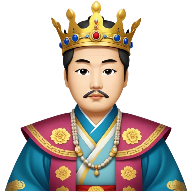 Cinematic Realistic King Sejong Portrait Emoji, depicted as a wise benevolent monarch in traditional Korean royal attire with a thoughtful gaze, rendered with intricate textures and regal soft lighting that captures his historical significance. emoji