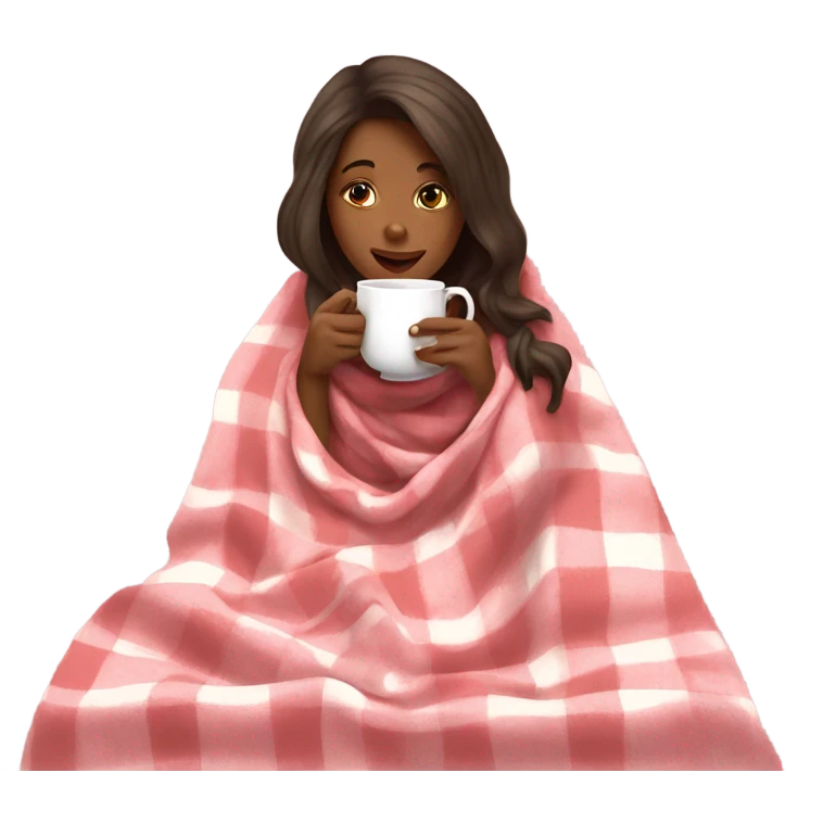 A blonde girl covered in a plaid light pink blanket sipping hot tea emoji