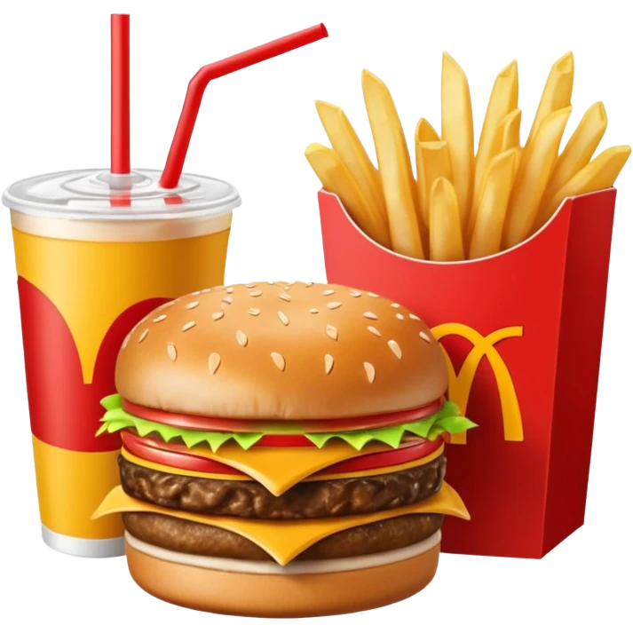 make a Luxe Cheeseburger Meal combo with cold drink inside that a straw and some ice cubes and beside some McDonald's fries box inside some thick fries

 with a angle to 15–20° gentle bird’s-eye angle  emoji