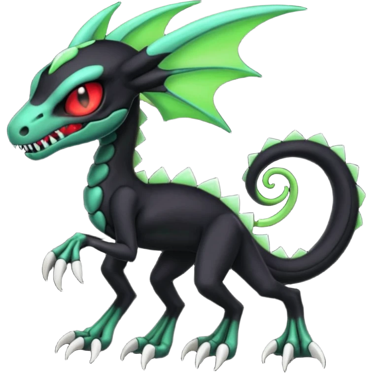 Obsidian-black and neon-glowing-green skeletal Meloetta-Salandit-Gorebyss-Salazzle-Pokémon-Fakémon-creature-fusion-hybrid with glowing crimson-red evil slit eyes emoji