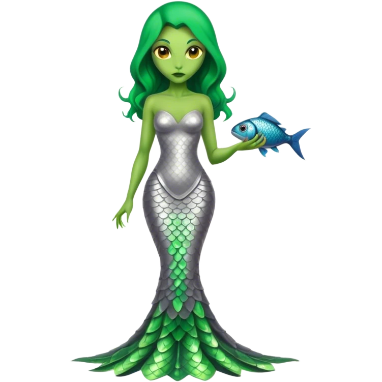 Green Alien woman with fish scales in silver dress, full figure, yellow eyes emoji