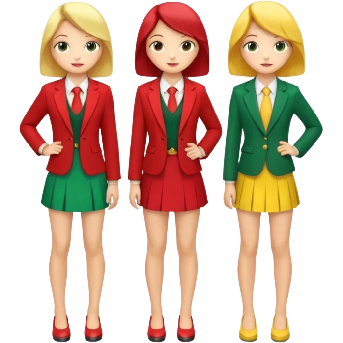 One high school girl in a red blazer and a red skirt, another in a green blazer and a green skirt, and another in a yellow blazer and a yellow skirt. They are all facing to the back and posing. emoji