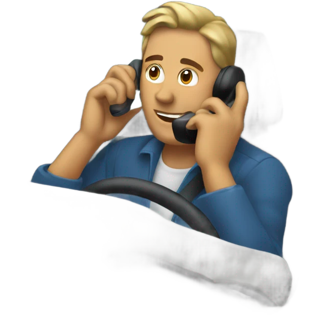 A man driving talking on the phone and having a coffee emoji