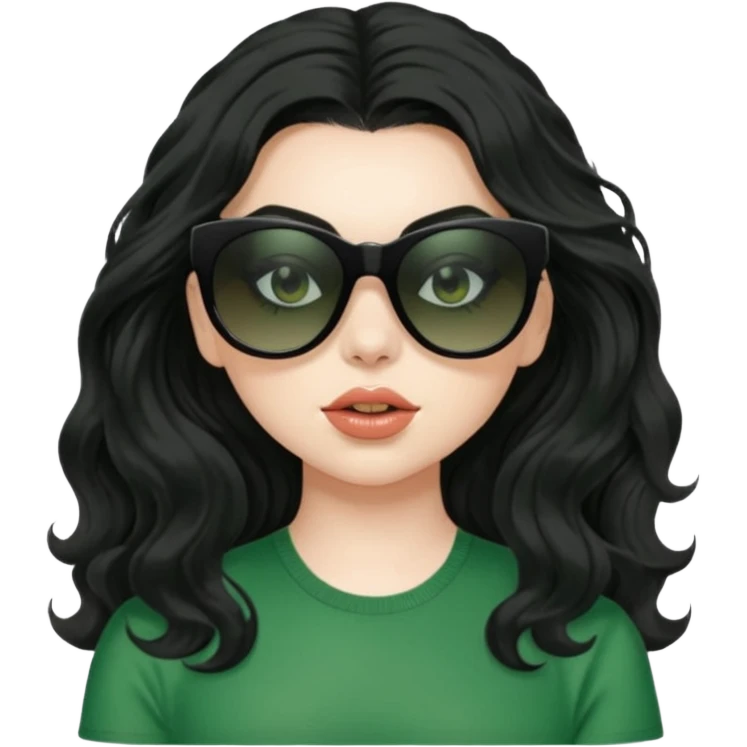 current charli xcx with her long black wavy hair, thick black sunglasses, pale skin, and a green top that said brat in the brat font. emoji