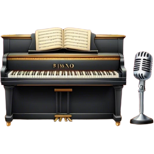 Icon for 50s American Musical Theater: a retro stage with neon lights, a classic microphone on stage, vintage piano, musical notes, vintage theater curtains, and Broadway-style elements. Avoid focusing solely on the piano. Transparent background. emoji