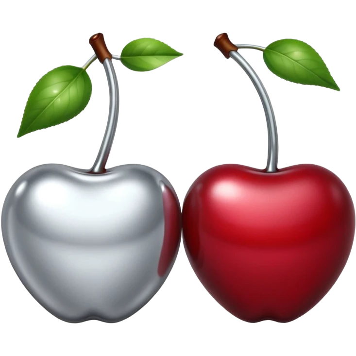 A pair of cherries emoji made of liquid silver chrome, smooth rounded shapes, glossy metallic surface, subtle sensual vibe, luxury sexy aesthetic, iOS emoji style, centered, clean white background emoji