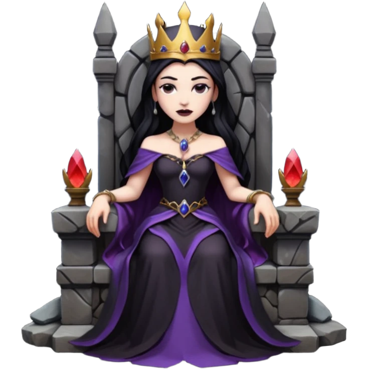 Dark queen seated on stone throne, relaxed dominance, heavy shadows, cold emoji