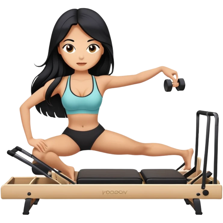 woman with bra, tanned long black hair, doing Pilates reformer  emoji