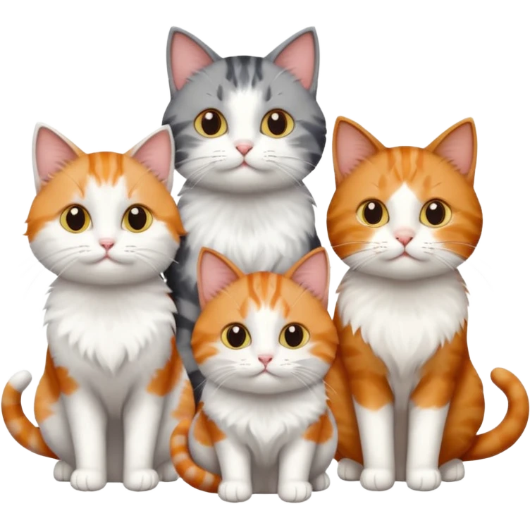 6 cats with different coloured coats, 2 are grey and white, 1 is grey with a little white, 1 calico, 1 brown tabby and white and one ginger and white emoji