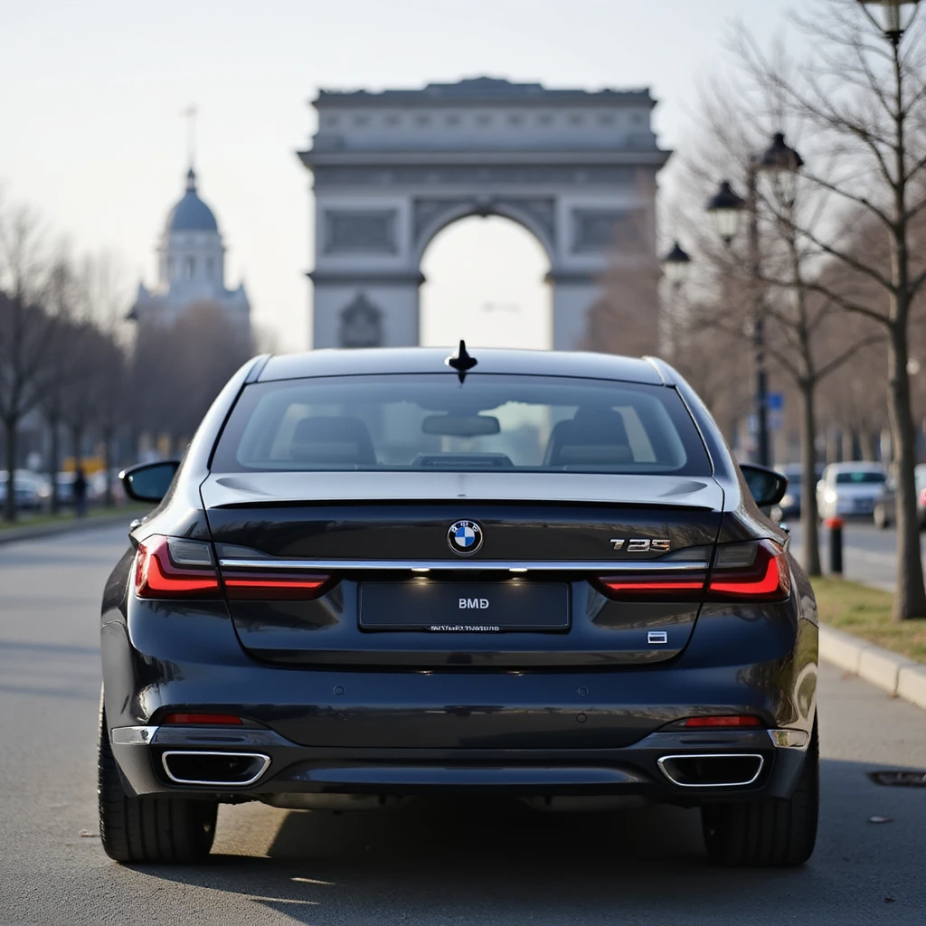 BMW Series 7 2022, rear angle, photorealistic, in front of a recognizable Bucharest landmark, blurry background, blurred number plate, highly realistic emoji