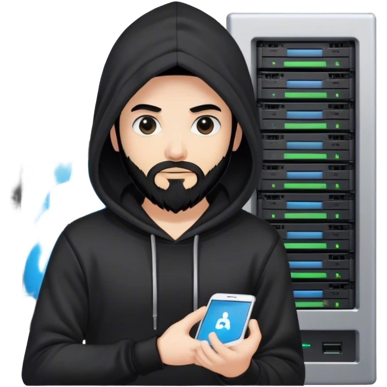 hackeur blanc cheveux noir barbe et capuche noir à côté d'un server ia emoji