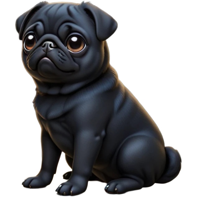 cinematic-[black pug]-realistic-full-body-sitting-emoji,-tail-resting-loosely-beside-its-paws,-head-tilted-dramatically, -sleek-[black]-fur,-simplified-yet-realistic-focused-features,-highly-detailed,-glowing-with-an-almost-sarcastic-glow emoji