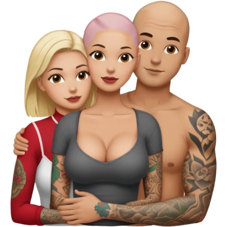 throuple tattooed sleeves bbald male with topless naked big boobed brunette and topless naked big boobed blonde girlfriends  lovingl  and sexy polygamy  emoji