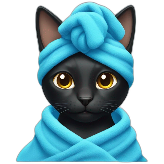black cat with a blue towel on his head after a shower emoji
