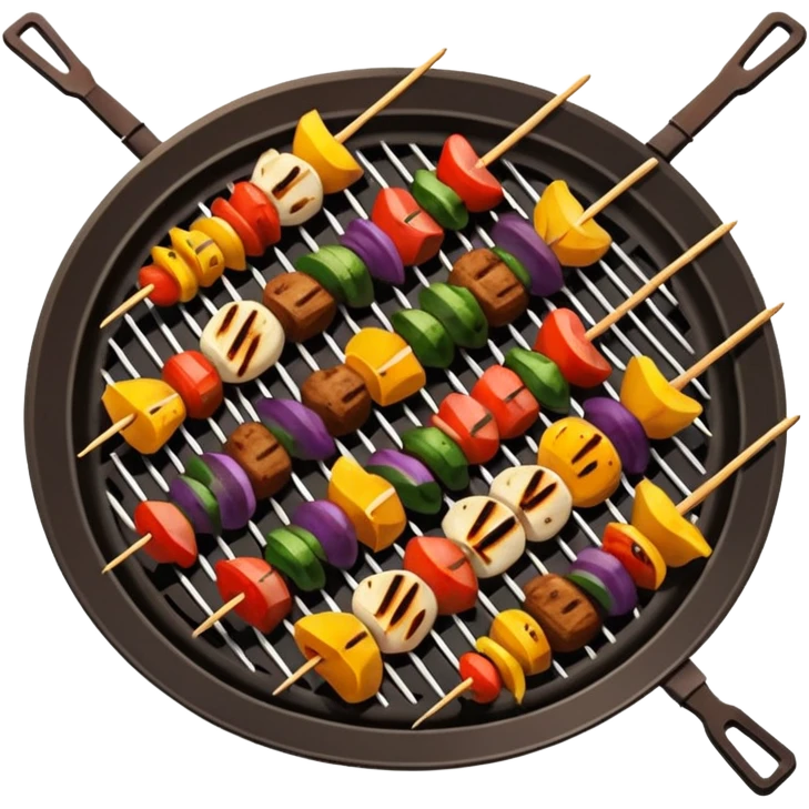 Grilled dishes avatar in bright emoji-style illustration. Skewers, BBQ, and grilled vegetables, warm fire tones, simple shapes, flat design, high contrast, tasty and inviting. emoji