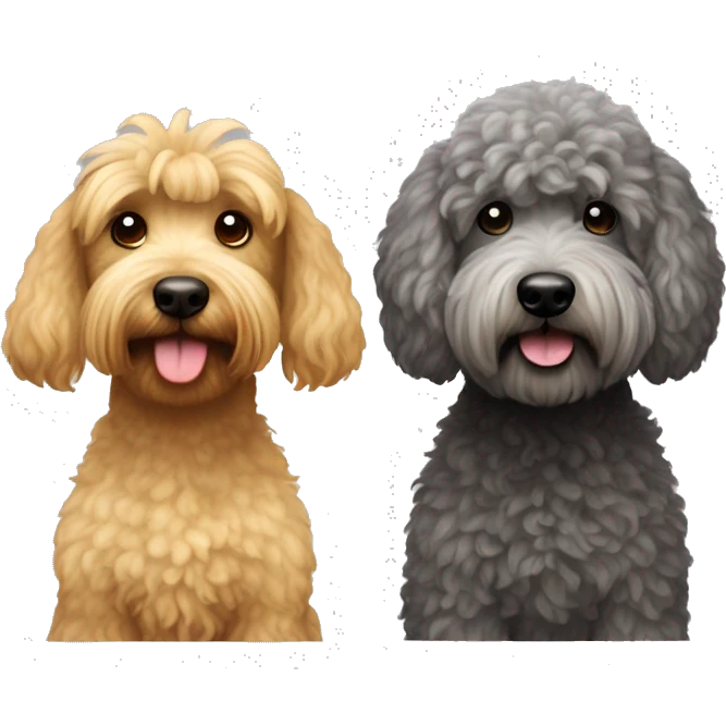 2 dogs, one is a dark grey whoodle with a poodle cut, the other is a wheaten terrier emoji