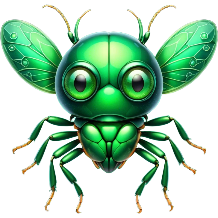 Cinematic Cute Green Bugdie Portrait Emoji, Head tilted playfully and inquisitively, featuring a glossy, vibrant emerald exoskeleton with intricate patterns, round, sparkling multifaceted eyes filled with curiosity, Simplified yet irresistibly adorable features, highly detailed, glowing with a warm, friendly glow, high shine, affectionate and lively, stylized with a touch of whimsy, bright and endearing, soft glowing outline, capturing the essence of a mischievous yet charming bug, so playful it feels like it could buzz out of the screen and into your arms! emoji