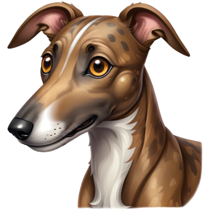Cinematic Cute Brindle Greyhound Portrait Emoji, Head tilted playfully and inquisitively, featuring a sleek brindle Fur with subtle variations and round, sparkling eyes filled with curiosity, Simplified yet irresistibly adorable features, highly detailed, glowing with a warm, friendly glow, high shine, affectionate and nimble, stylized with a touch of whimsy, bright and endearing, soft glowing outline, capturing the essence of a mischievous yet loving companion, so playful it feels like it could sprint out of the screen and into your arms! emoji