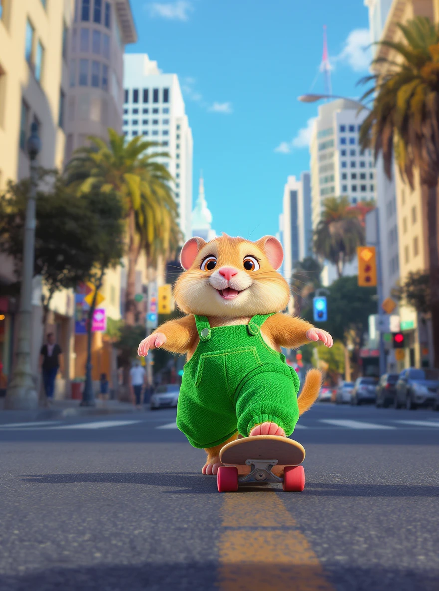 Disney style Cinematic still scane, Low angle shot, hamster dress in green outfit, monkey ride on skateboard, san francisno downtown with city lanscape, blue clean sky, captured by ARRI Alexa XT, soft cinematic lightning, back light, inspired by ToyStory 4 emoji