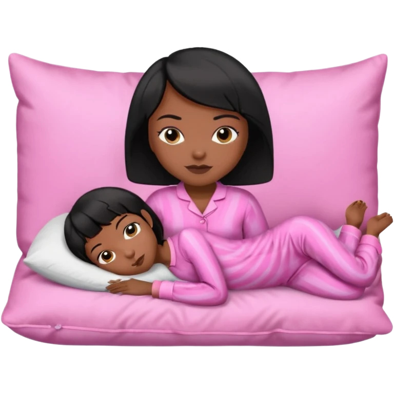 Dark skin Black woman with short  black bob  hair, pink pajamas laying on pillow just me  emoji