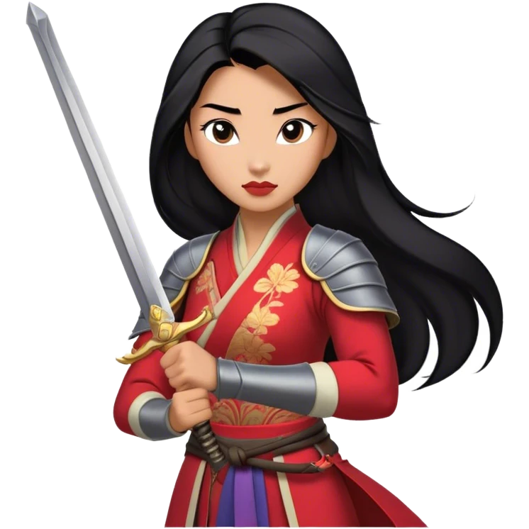 Cinematic Realistic Mulan Portrait, depicted with lifelike skin texture, soft natural lighting, and intricately detailed long black hair styled elegantly. Her deep, expressive eyes exude determination and grace, complemented by a serene yet confident expression. She stands with one hand resting on the hilt of her sword, the other by her side, exuding strength and poise. She is dressed in her classic attire, with rich fabric textures and delicate folds that catch the light beautifully. The portrait features a soft, enchanting glow with a natural, radiant finish, capturing the essence of timeless strength and beauty in a realistic and painterly style, evoking a sense of depth and authenticity. emoji