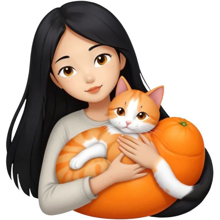 Oriental Asian girl with long black hair snuggling with an orange and white cat, cat is mostly white with orange patches, the girl is holding the cat lovingly emoji