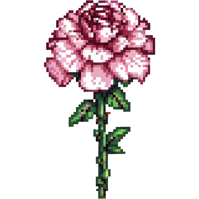 pixel art carnation flower, pink petals, green stem, retro video game style emoji