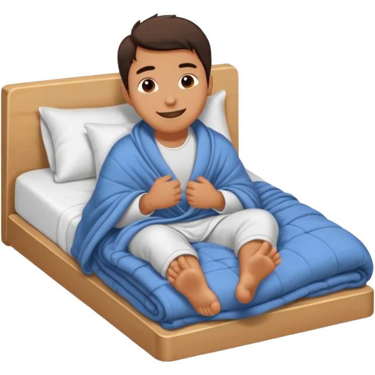 A man in bed under covers kicking feet because so excited to sleep. Eyes are closed and he is smiling. Show his feet emoji