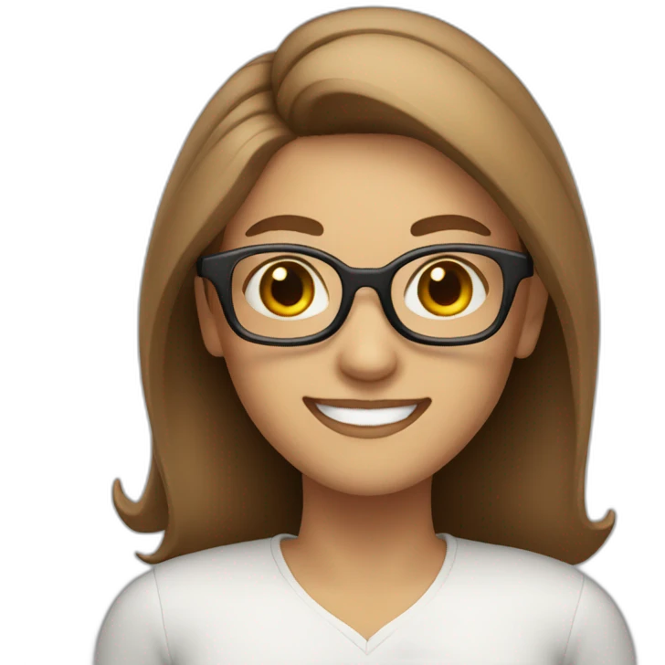 white whoman brown hair with rounded glasses with a big smile emoji