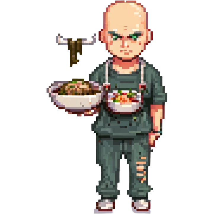 Pixel art thug in tracksuit, holding chain in Hand, bald head, angry expression, side view, retro arcade sprite 
Takes a plate of noodles in hand.  emoji