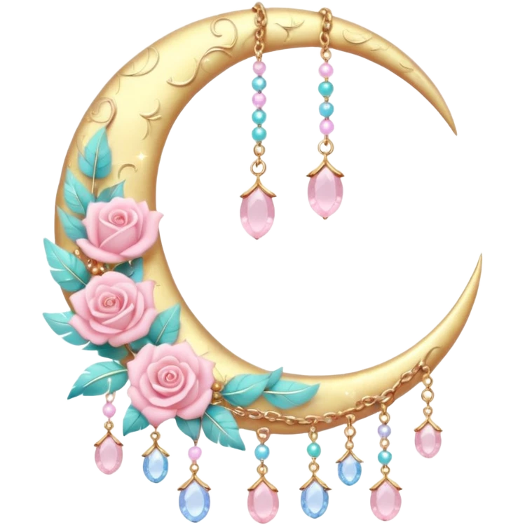 Rosy shiny glossy sparkly romantic pastel crescent damask moon with rose quartz pastel vines pastel gems pastel beads with feathers and chains  emoji