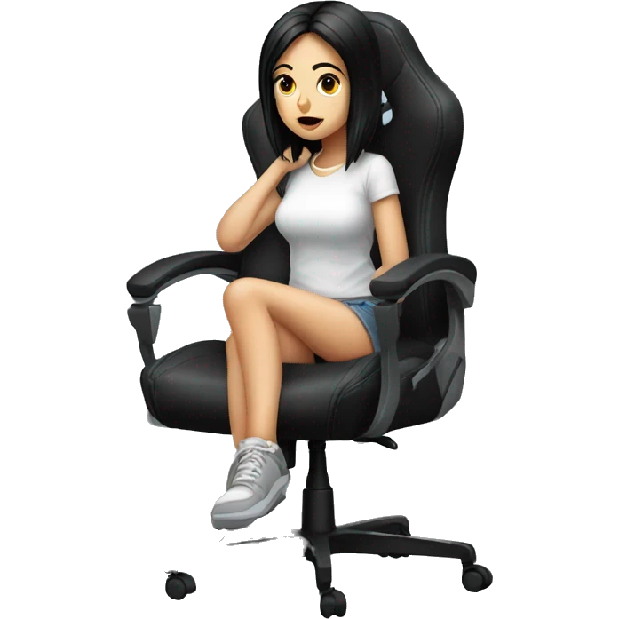 white (black hair) girl on a big gaming chair thinking  emoji