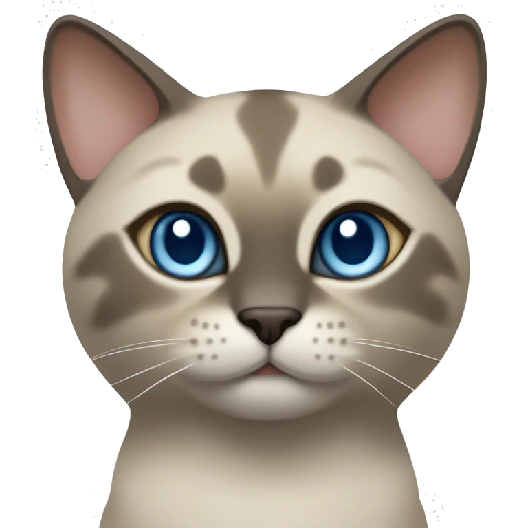 Thai breed cat with a light cream -brown body, dark gray-brown face, ears, and paws. Short fur, sharp ears, striking light blue eyes  emoji