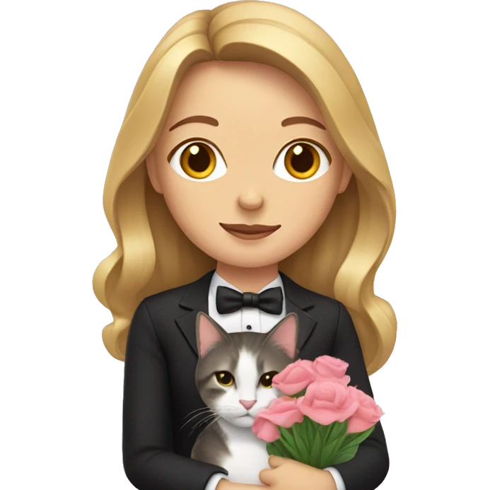 woman with long dark blonde hair holding a tuxedo cat and flowers emoji