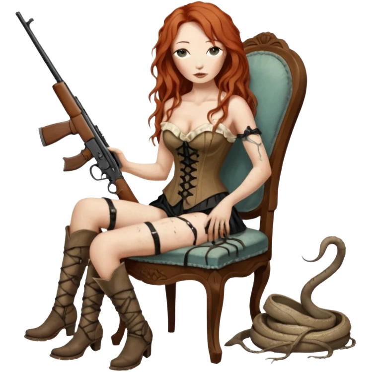 realistic cinematic Tori Amos sits on a rocking chair in a torn corset, holding an antique rifle and her bare feet are muddy. A white snake is wrapped around the chair. emoji
