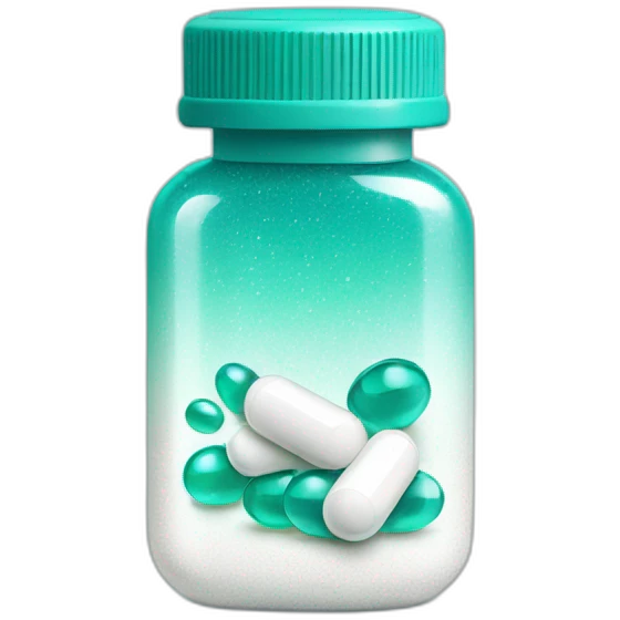 white pill bottle with teal medicine capsule, sparkles and texture emoji