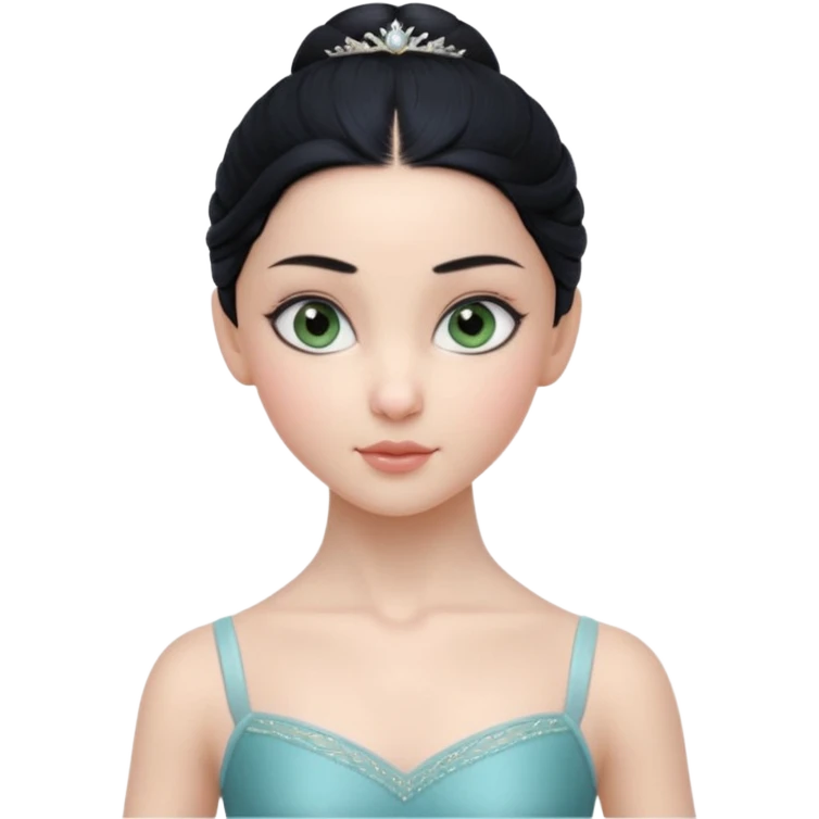 Cinematic Realistic ballerina Medium Blue Portrait, depicted with lifelike skin texture, subtle rosy undertones, and soft natural lighting that enhances the gentle contours of her face. Her intricately detailed sweet black hair is elegantly styled, green eyes emoji